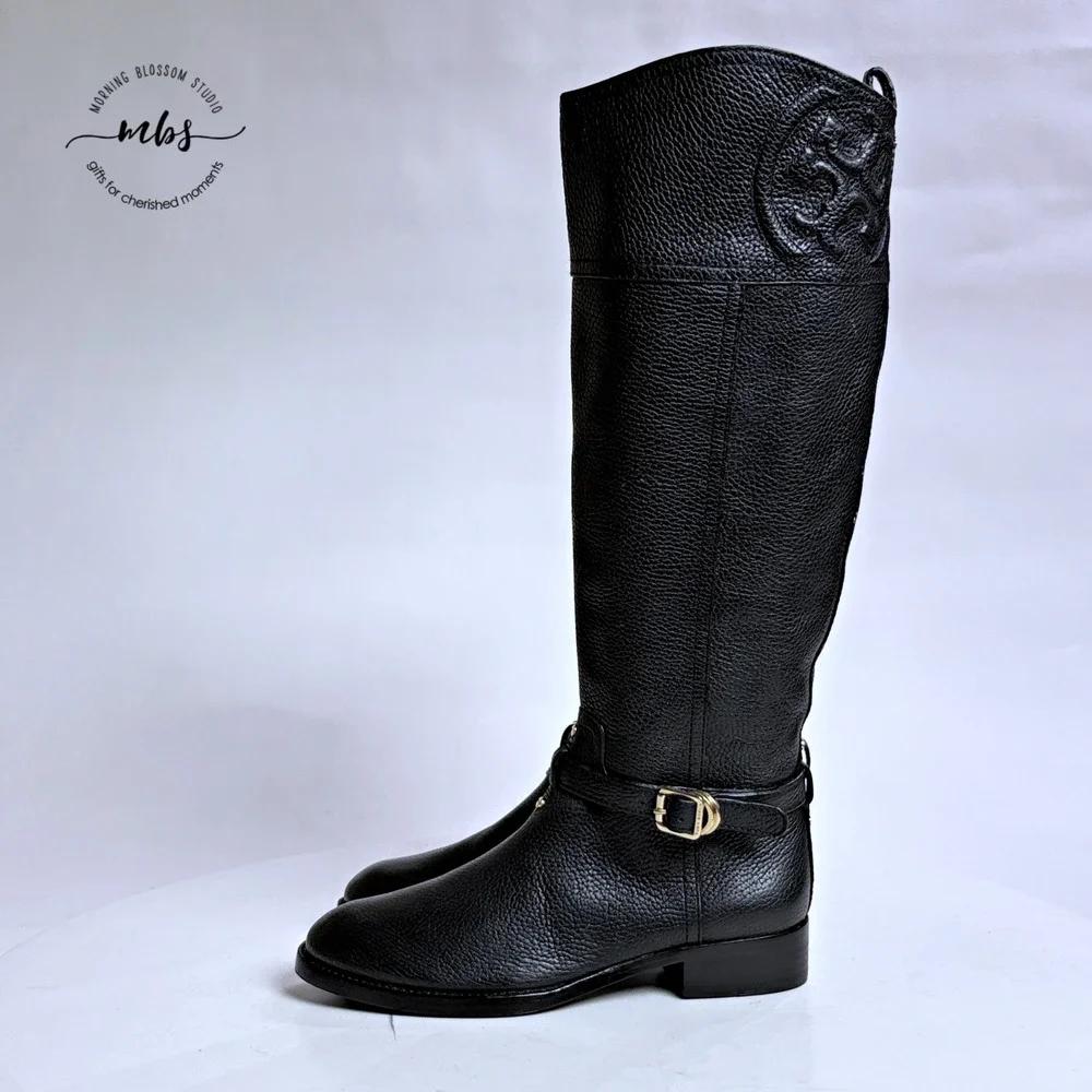 NWOT Tory Burch Thea Riding Boots Equestrian Leather Zip‎ Buckle Black Women 6.5